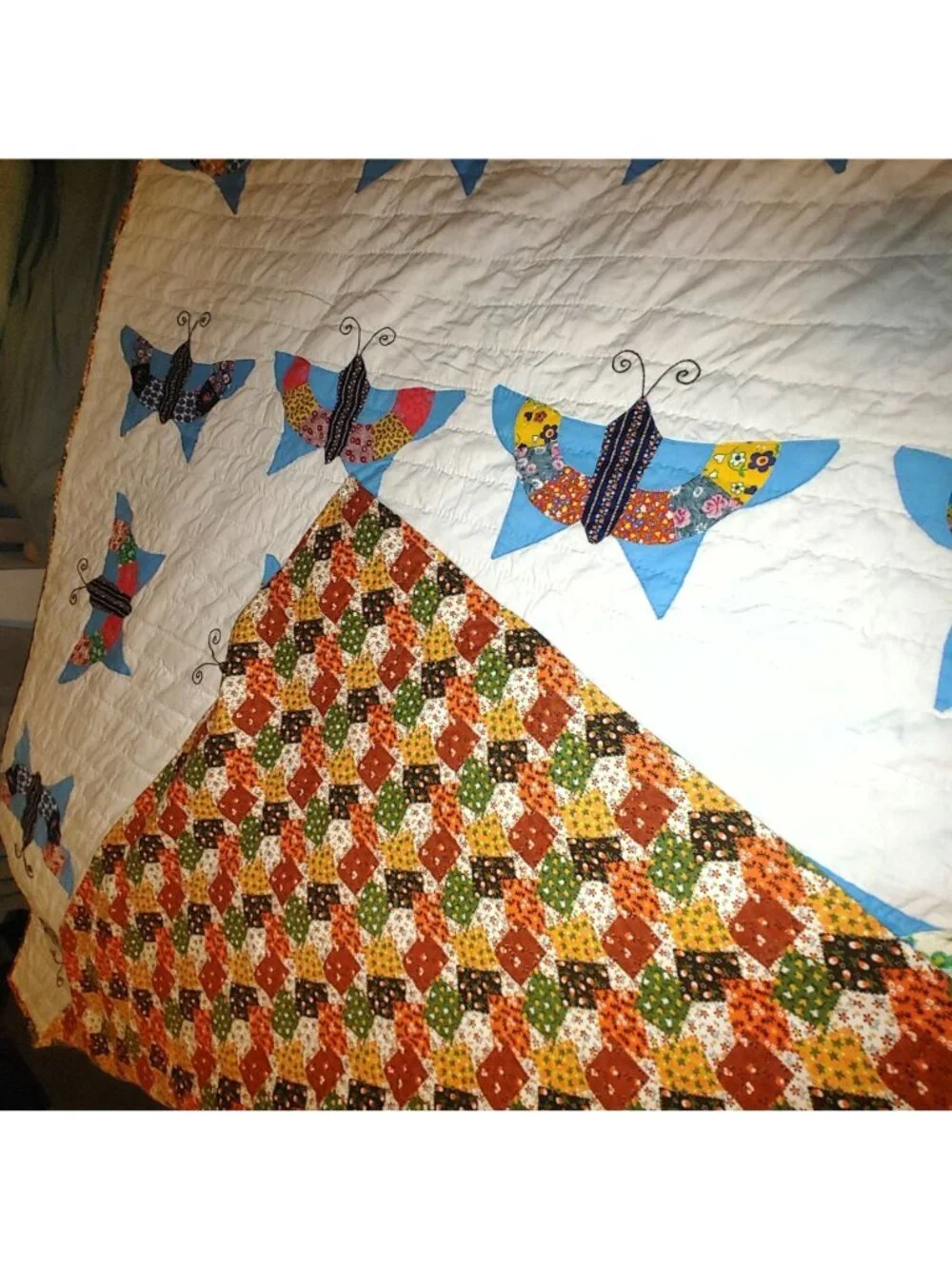 1970s Butterfly Quilt Vintage Handmade Multi Color Patchwork Appliqué 80 by 64